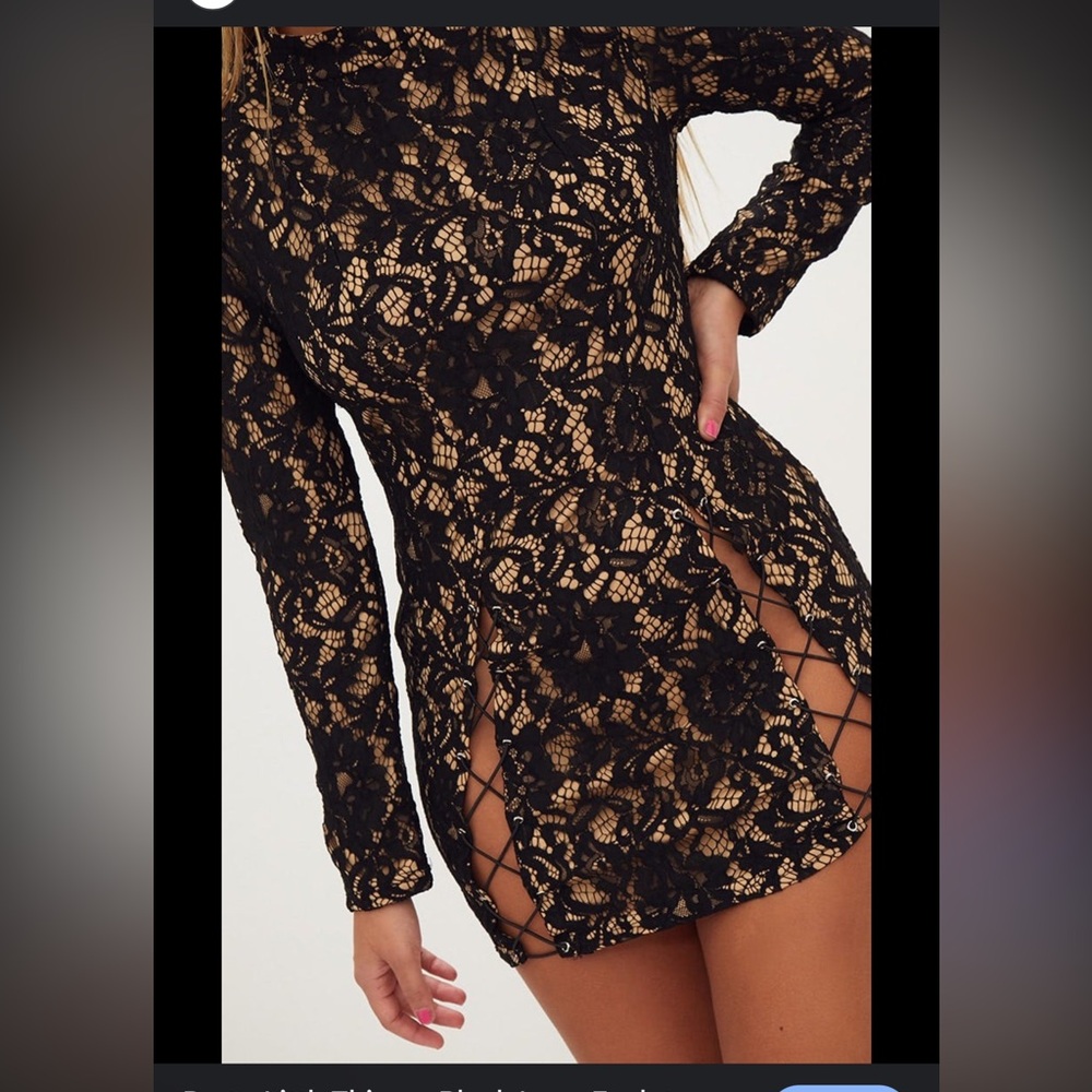 Pretty Little Thing Black Lace Eyelet Extreme Split BodyCon Dress - Picture 2 of 9